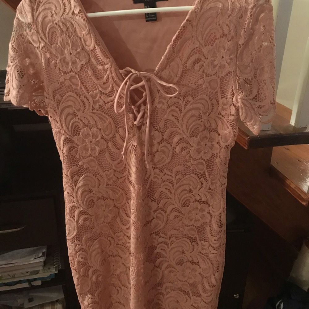 Forever 21-Lace Pink Dress-Size L-Short Sleeves-Lace up Neckline